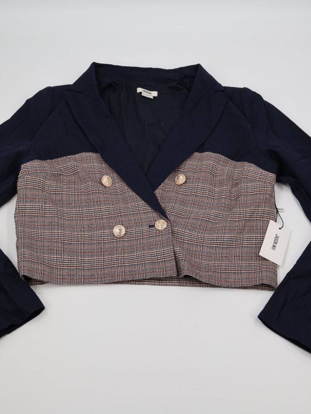 Jason Wu Cropped Blazer Women Medium Navy Blue Plaid Double Breasted Gold Button